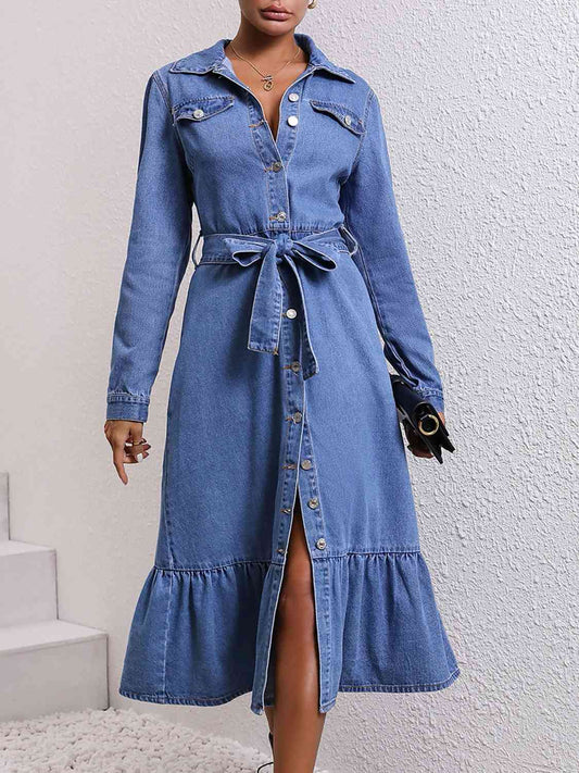 Collared Neck Button Down Denim Dress - KAISERINC
