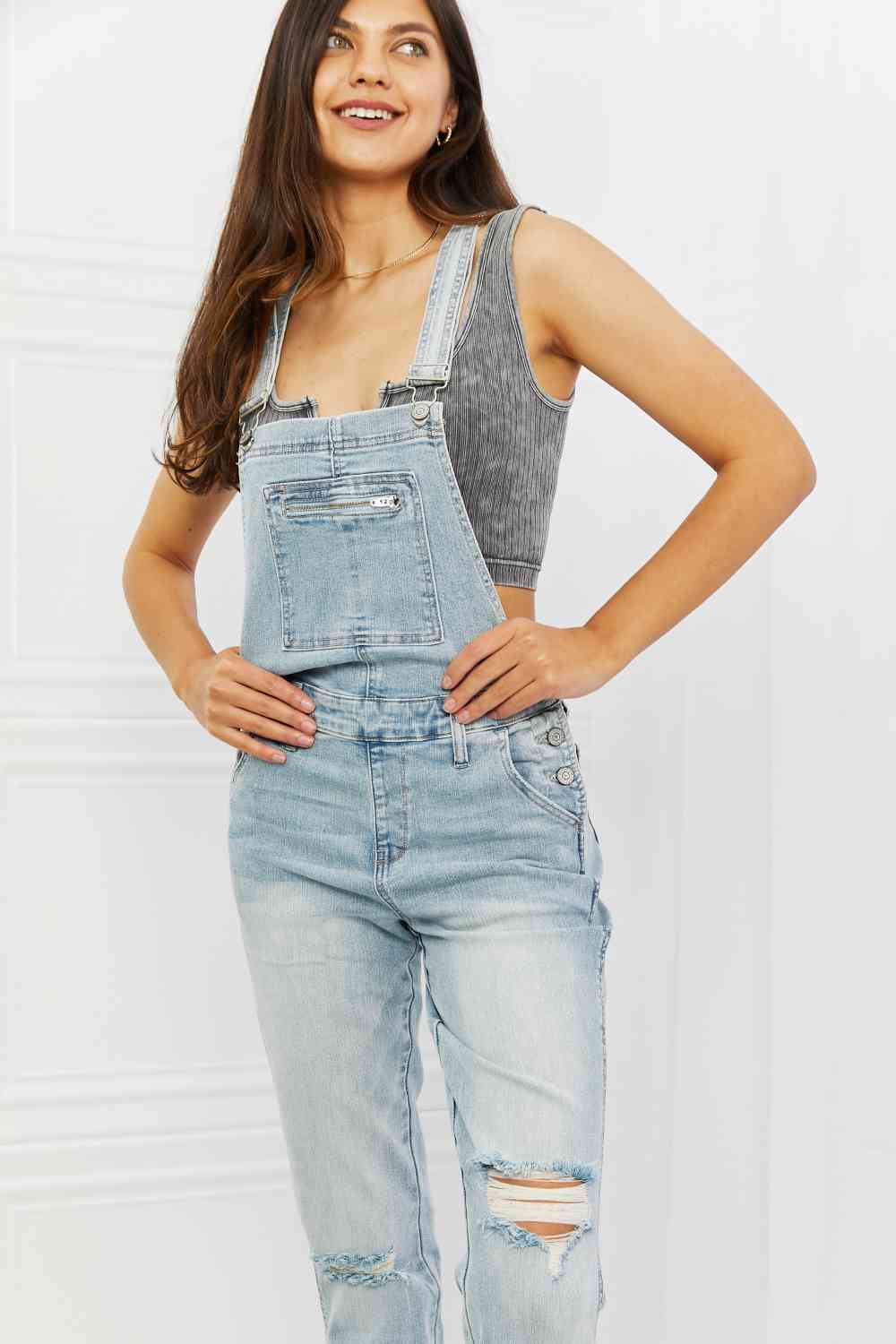 Judy Blue Melina Full Size Distressed Straight Leg Overalls - KAISERINC