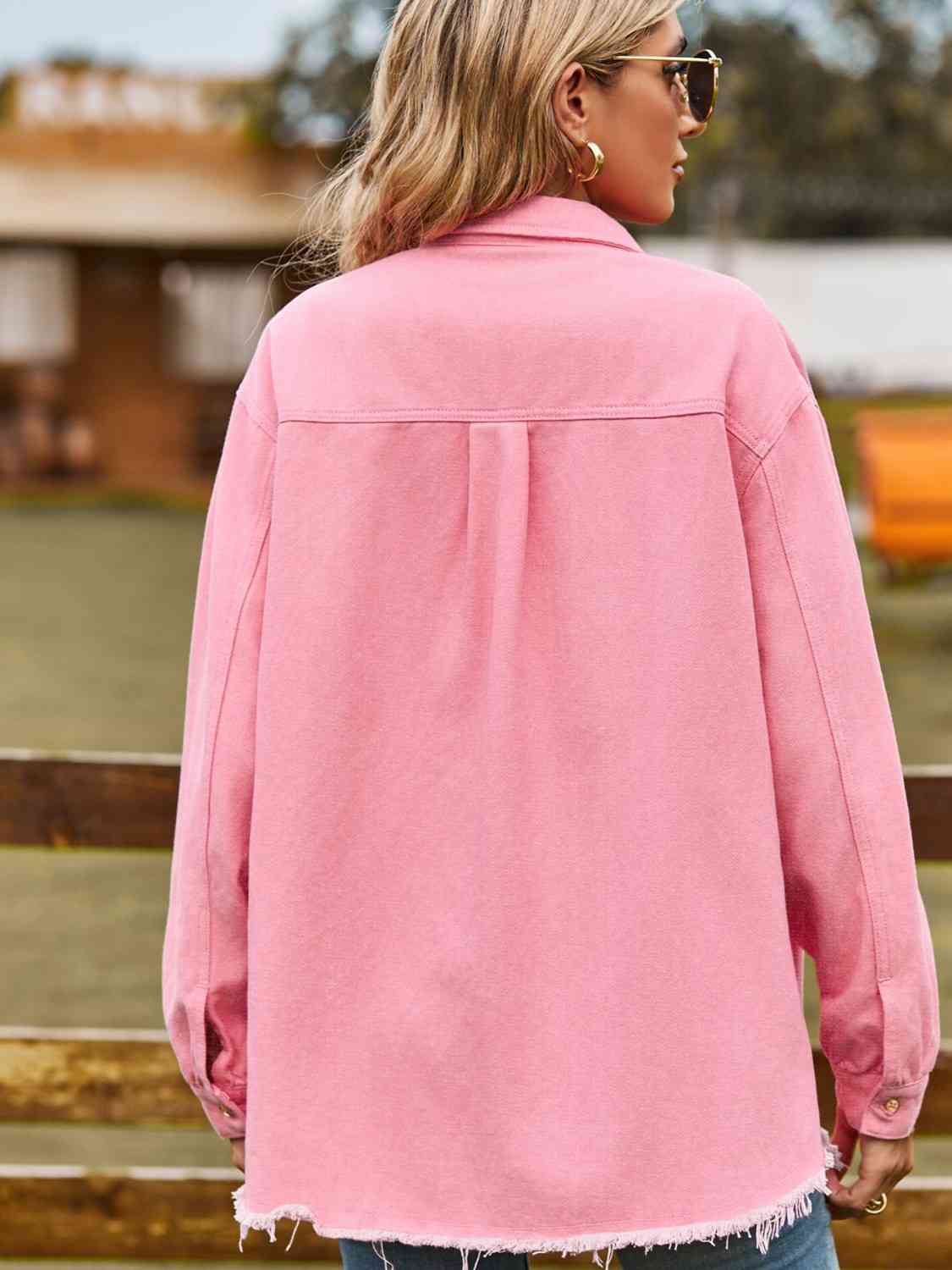 Button Up Collared Neck Raw Hem Denim Top - KAISERINC