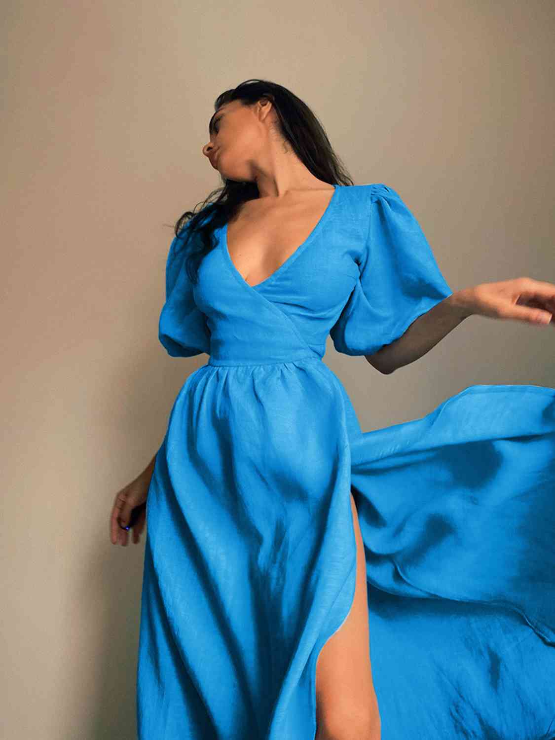 Surplice Balloon Sleeves Tied Dress - KAISERINC