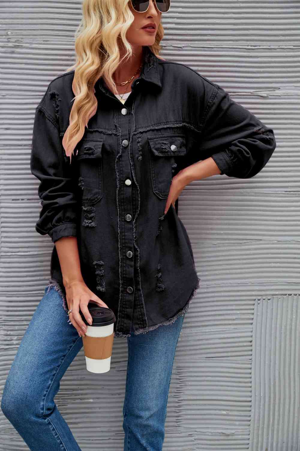 Distressed Raw Hem Denim Jacket - KAISERINC