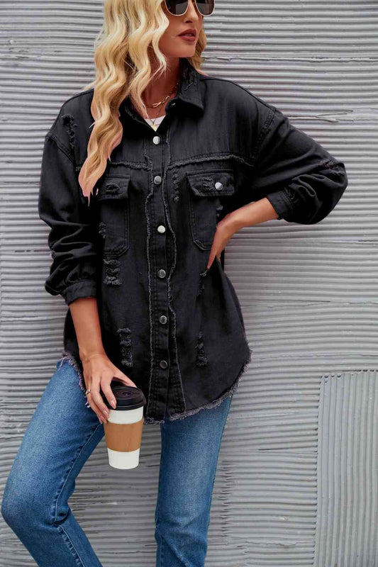 Distressed Raw Hem Denim Jacket - KAISERINC