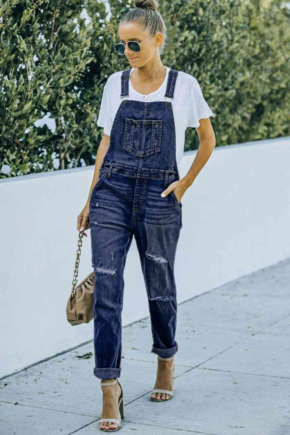 Pocketed Distressed Denim Overalls - KAISERINC