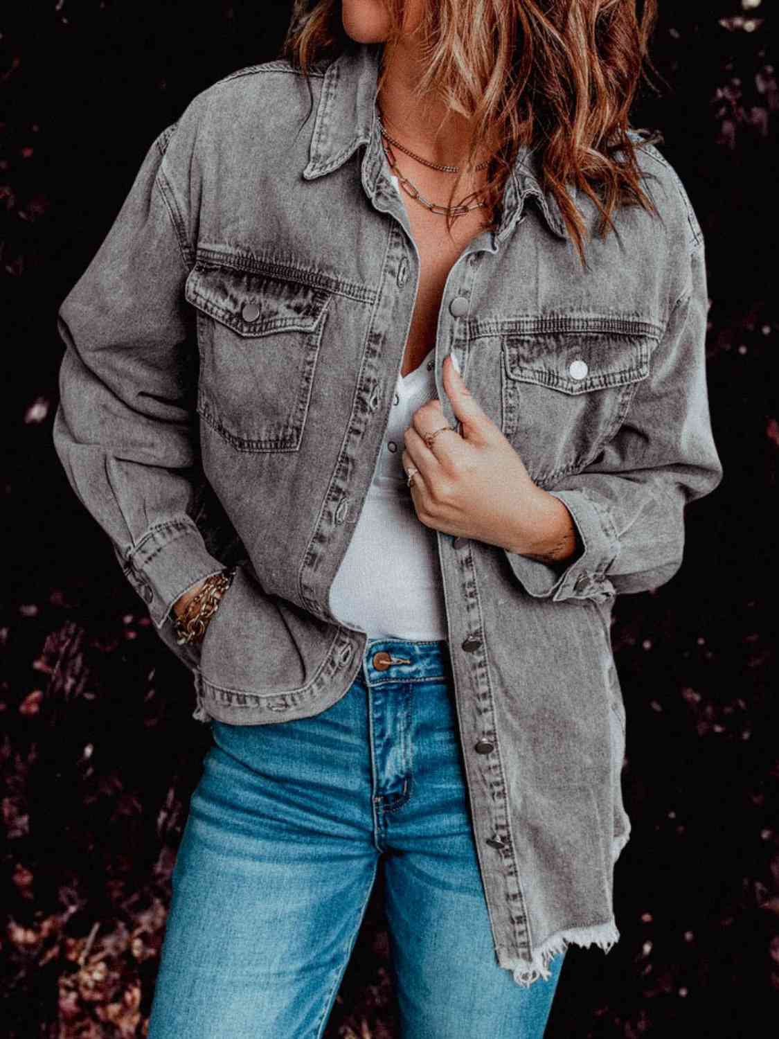 Frayed Hem Collared Denim Jacket - KAISERINC