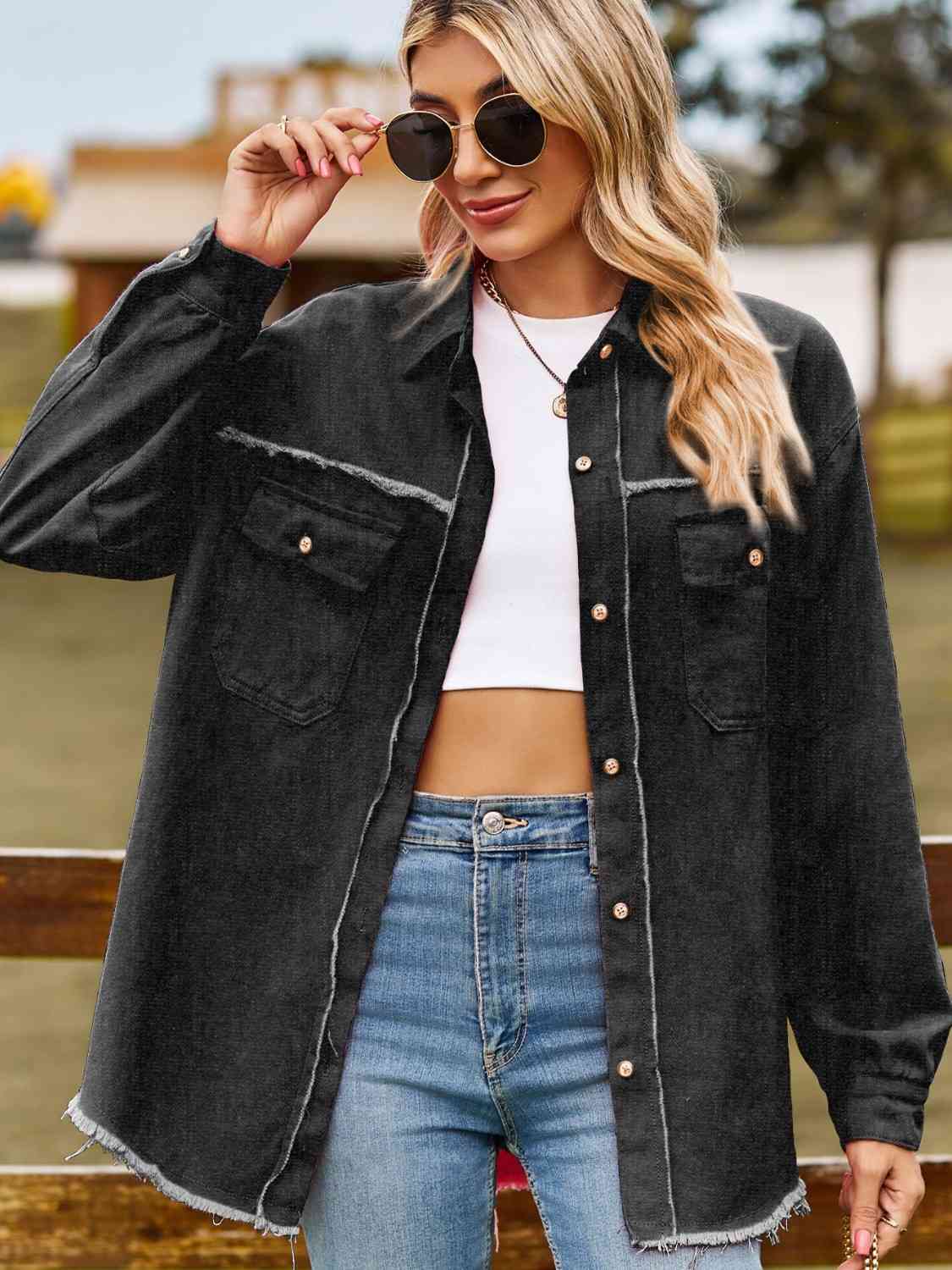 Button Up Collared Neck Raw Hem Denim Top - KAISERINC
