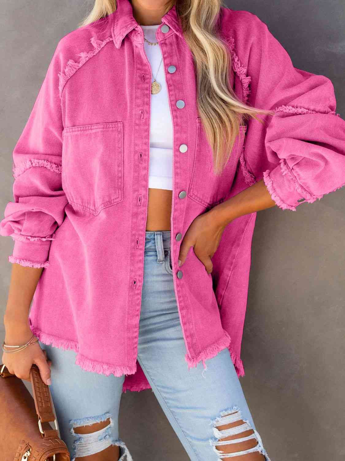Button Down Raw Hem Denim Jacket - KAISERINC