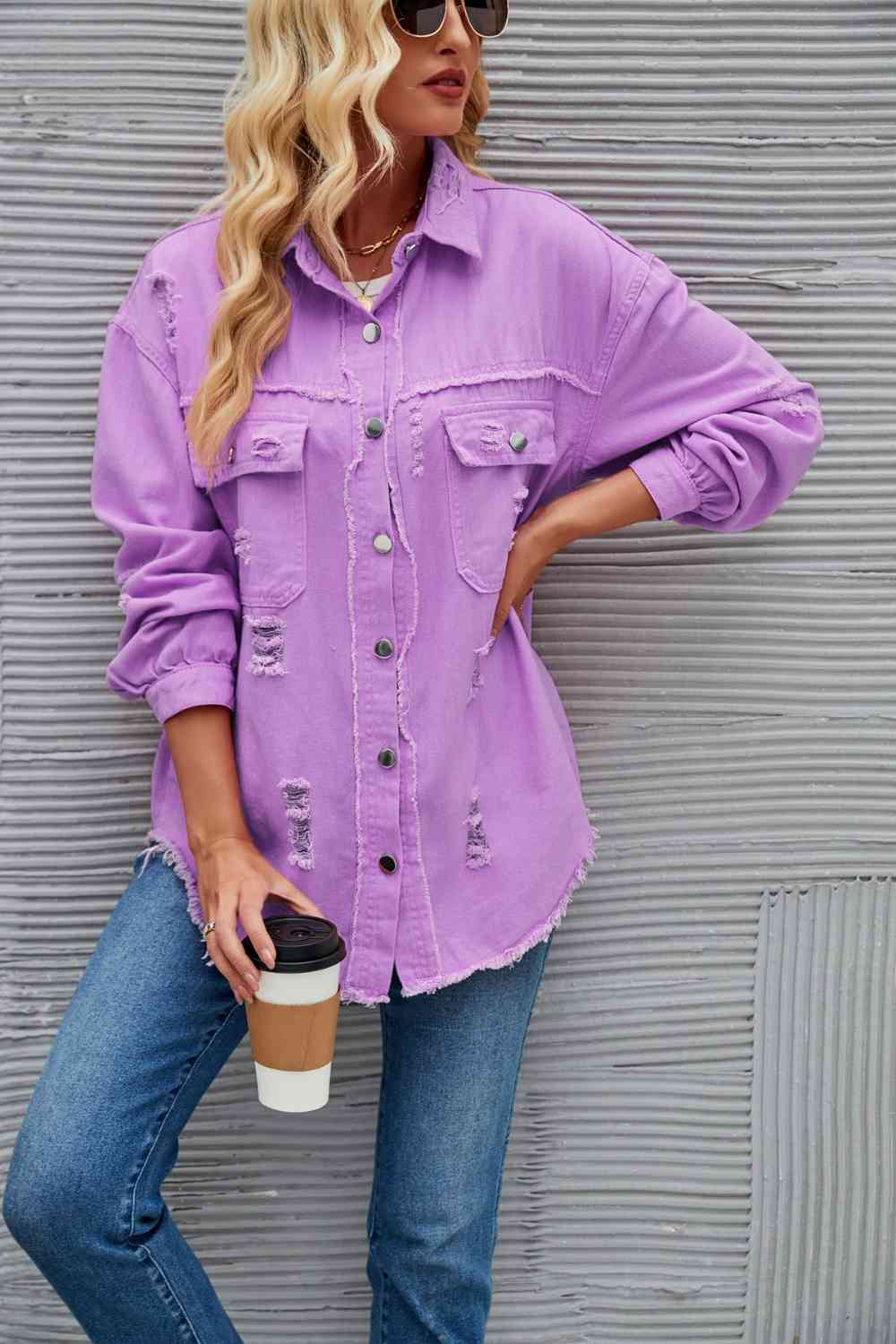 Distressed Raw Hem Denim Jacket - KAISERINC