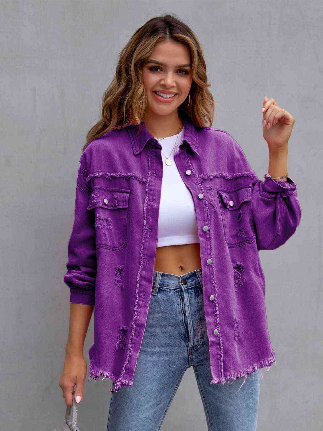 Distressed Drop Shoulder Denim Jacket - KAISERINC