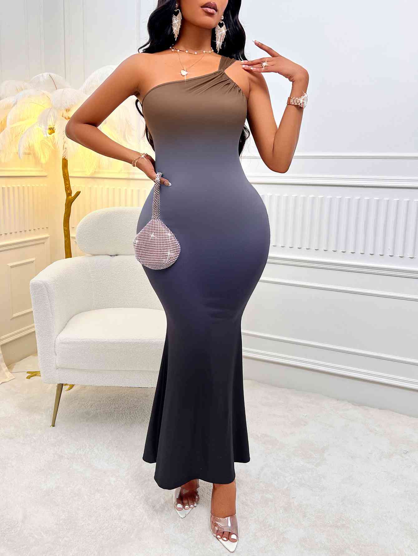 Gradient Single Shoulder Sleeveless Midi Dress - KAISERINC