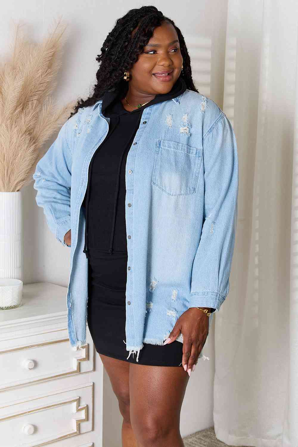 RISEN Full Size Distressed Raw Hem Denim Jacket - KAISERINC