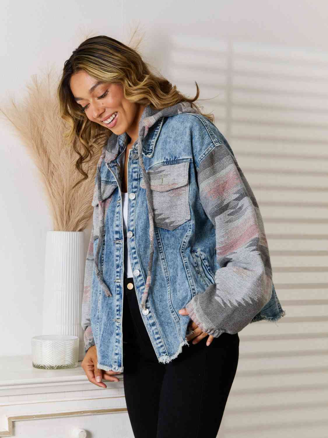 Geometric Raw Hem Denim Jacket - KAISERINC