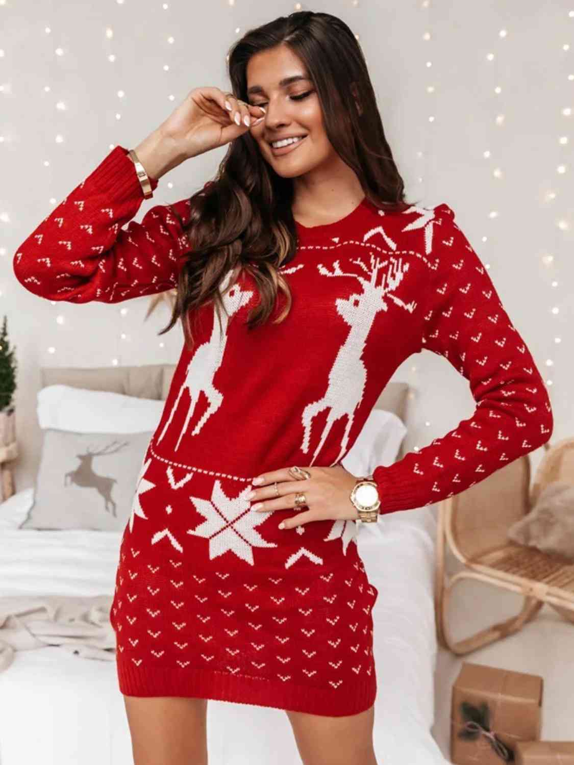 Reindeer Print Tunic Sweater Dress - KAISERINC