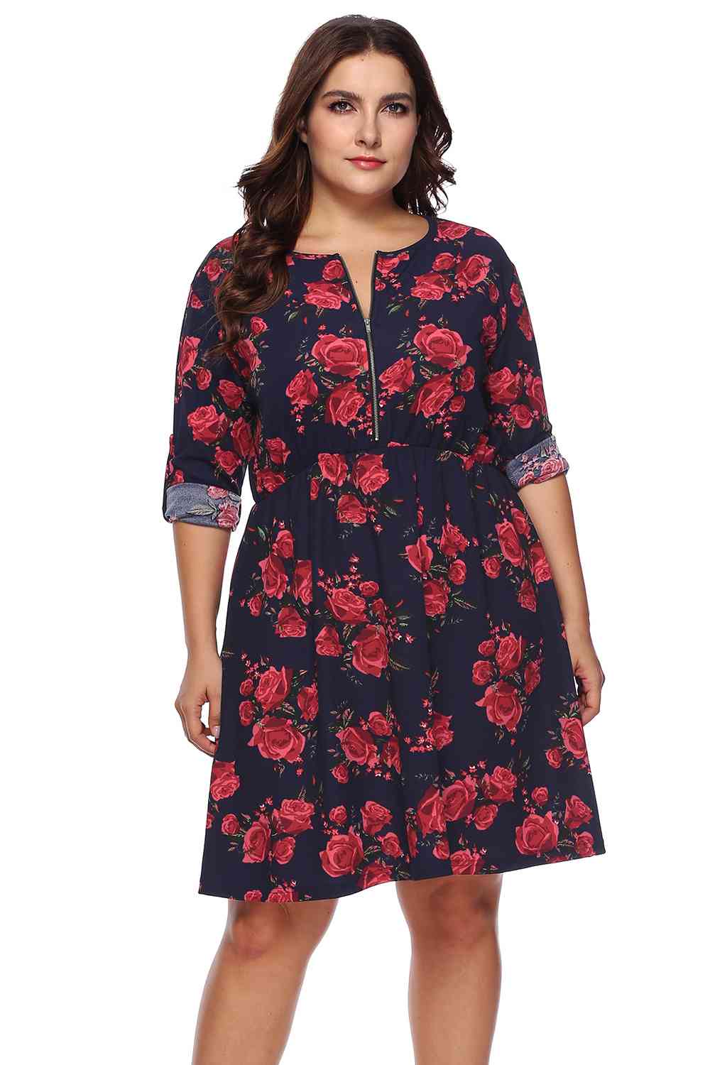 Plus Size Floral Print Half Zip Up Dress - KAISERINC