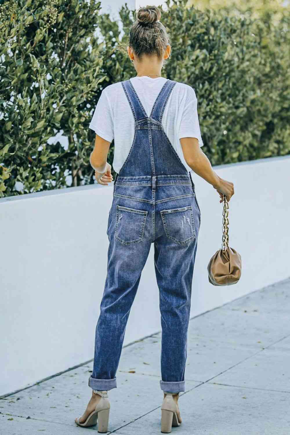 Pocketed Distressed Denim Overalls - KAISERINC