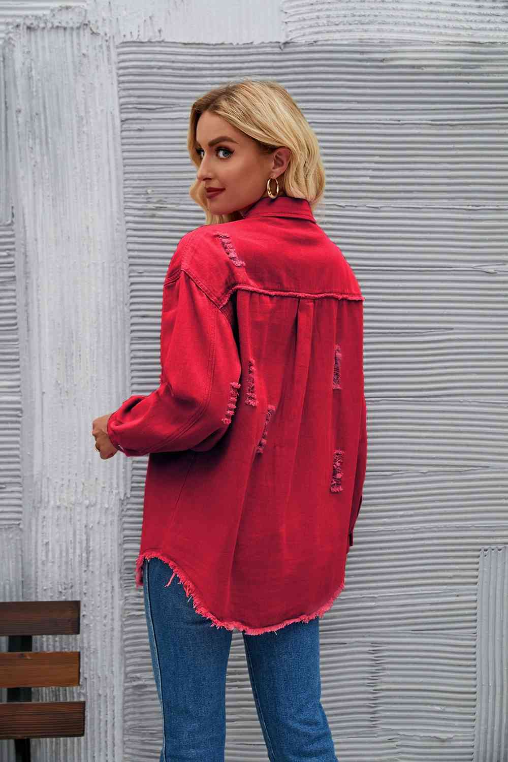Distressed Raw Hem Denim Jacket - KAISERINC