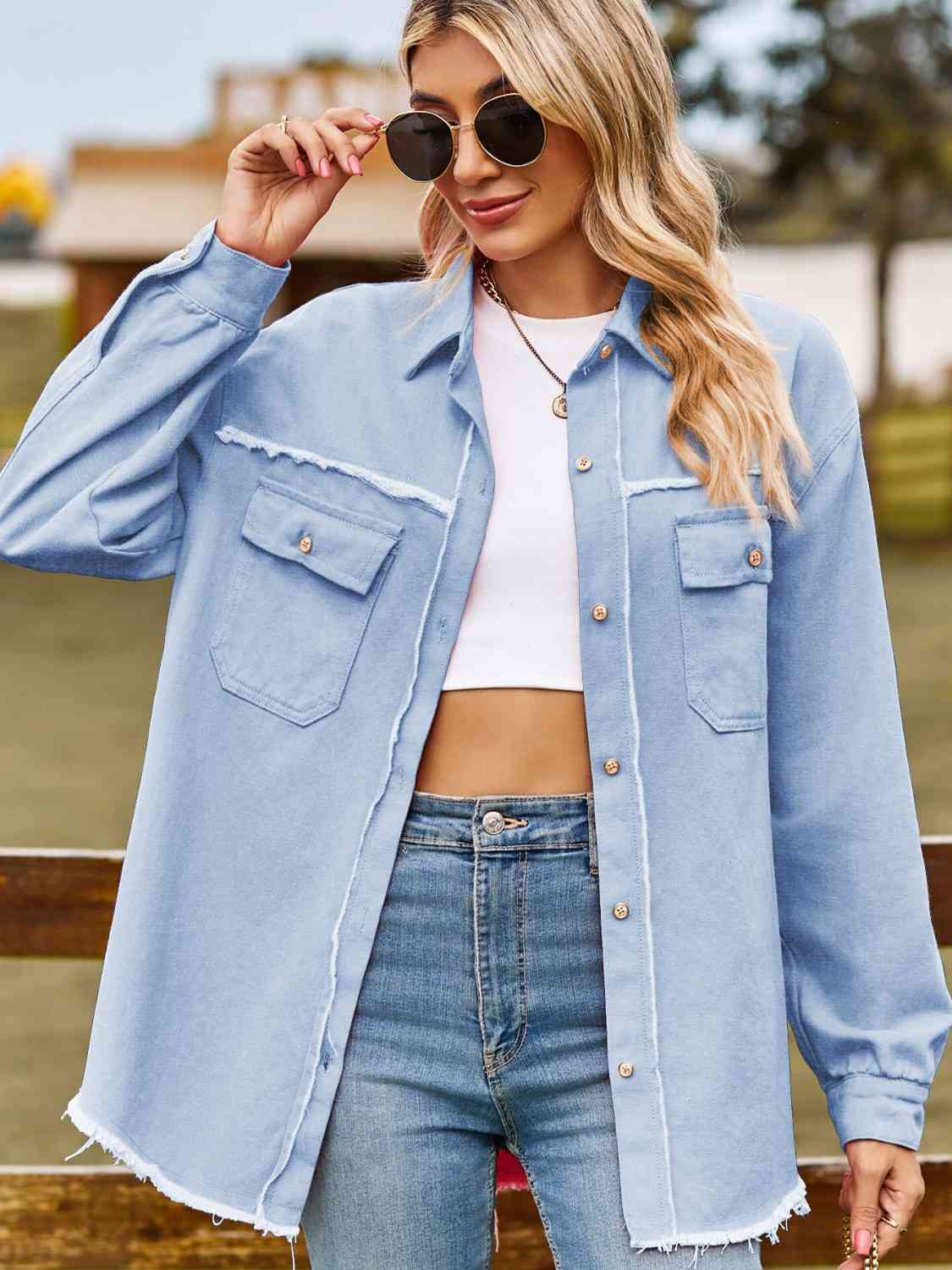 Button Up Collared Neck Raw Hem Denim Top - KAISERINC