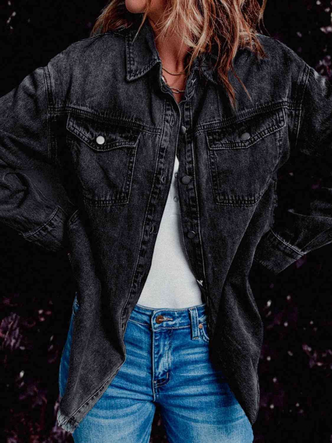 Frayed Hem Collared Denim Jacket - KAISERINC
