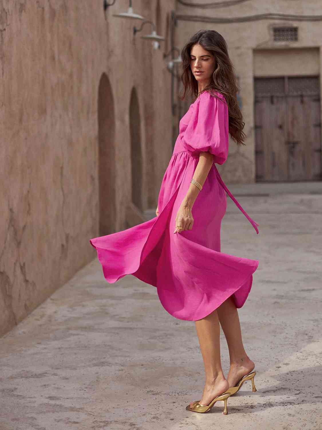 Surplice Balloon Sleeves Tied Dress - KAISERINC