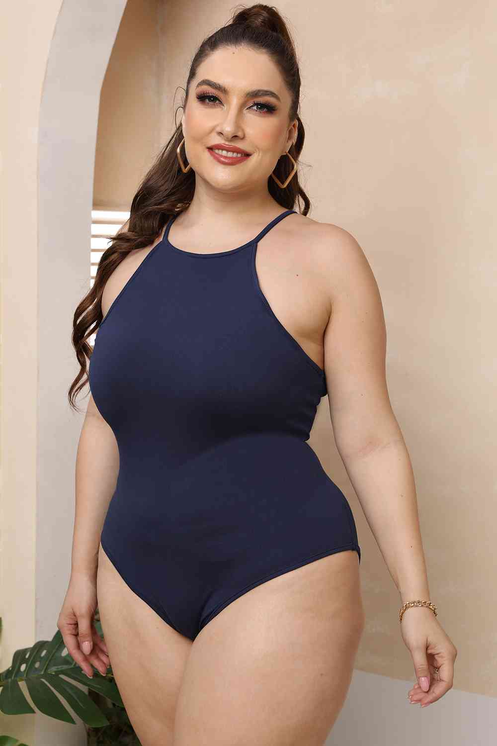 Plus Size Halter Neck Spaghetti Strap Bodysuit - KAISERINC