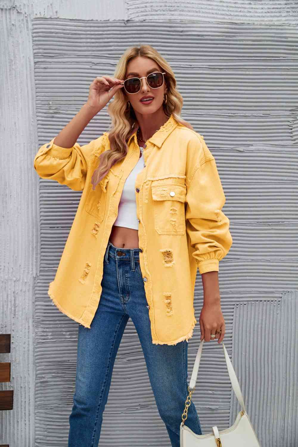 Distressed Raw Hem Denim Jacket - KAISERINC