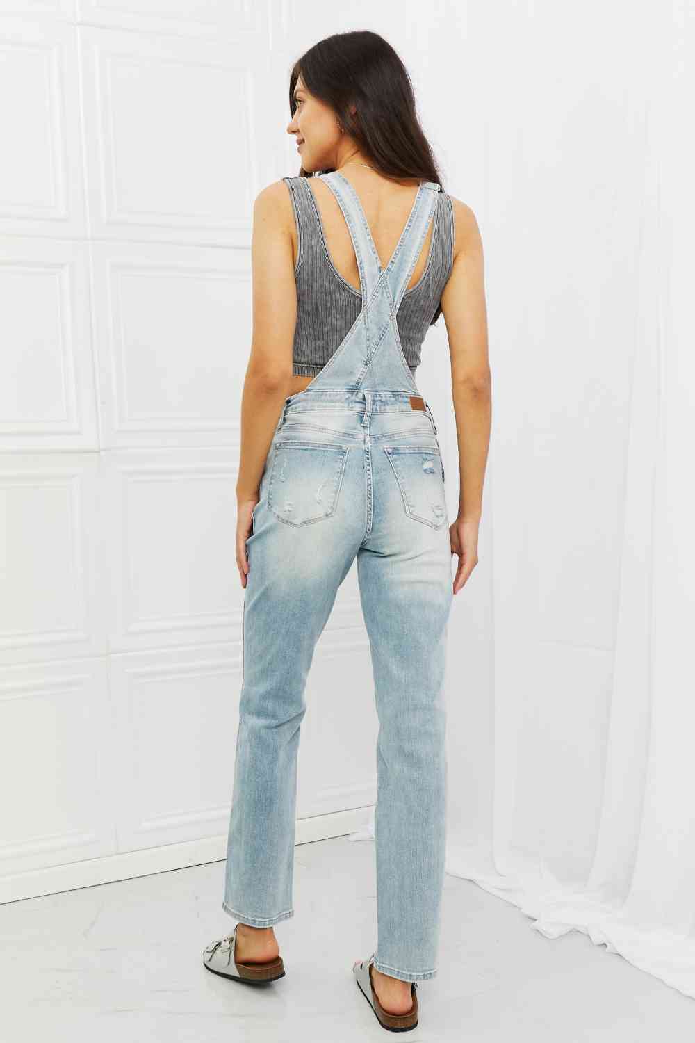 Judy Blue Melina Full Size Distressed Straight Leg Overalls - KAISERINC