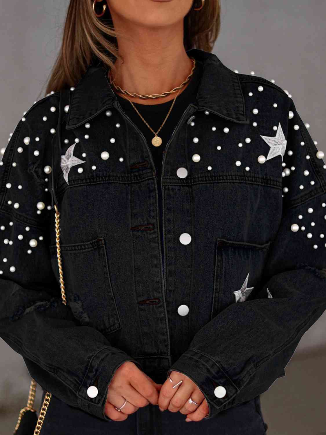 Pearl Trim Button Up Denim Jacket with Pockets - KAISERINC