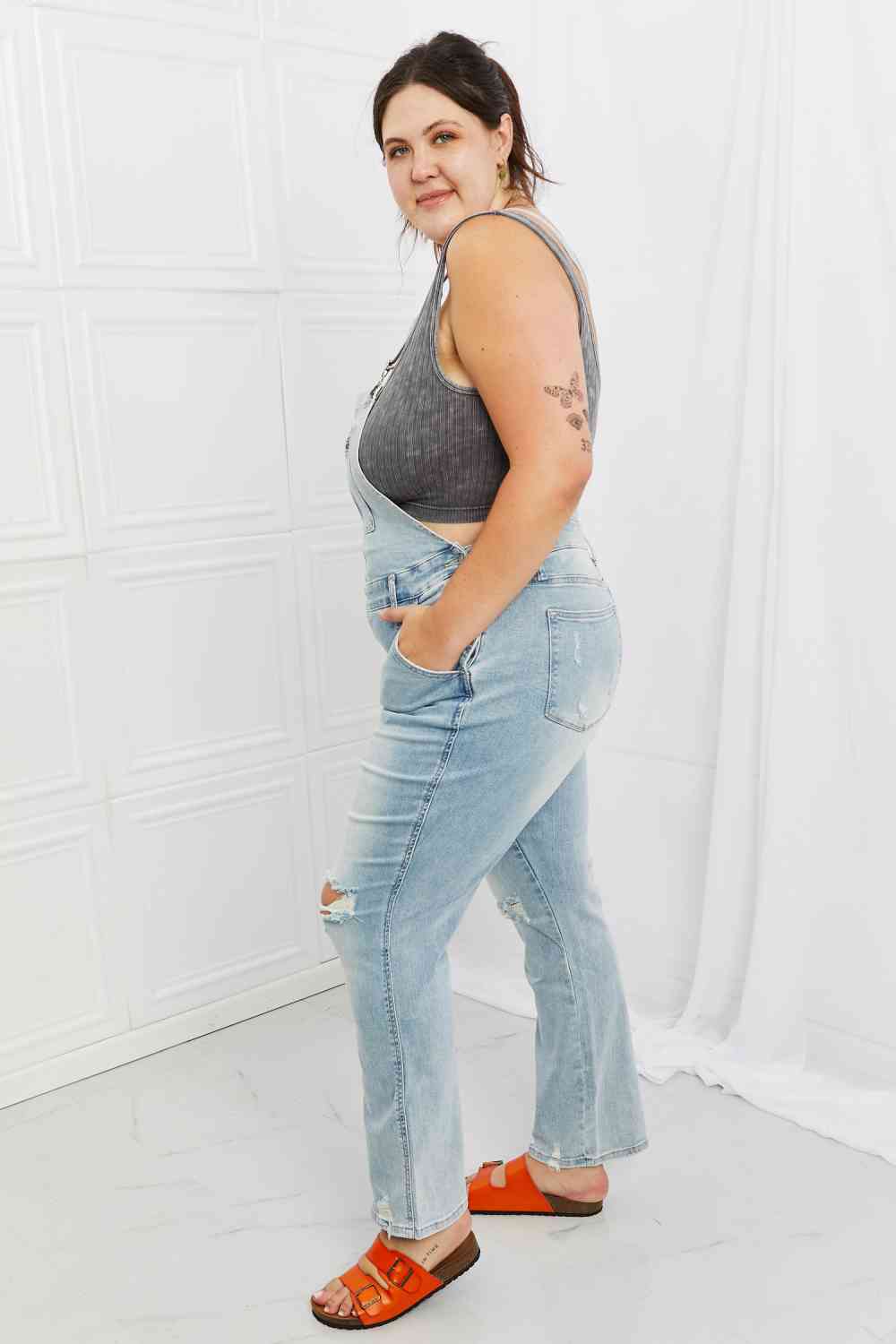Judy Blue Melina Full Size Distressed Straight Leg Overalls - KAISERINC