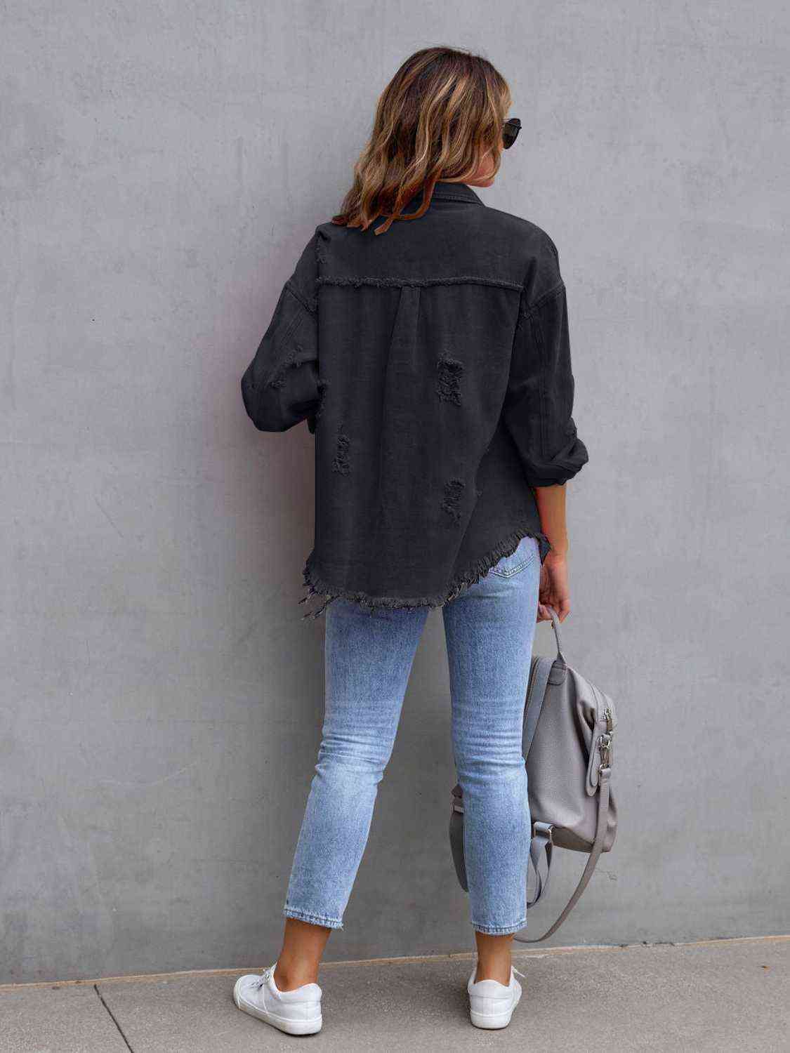 Distressed Drop Shoulder Denim Jacket - KAISERINC