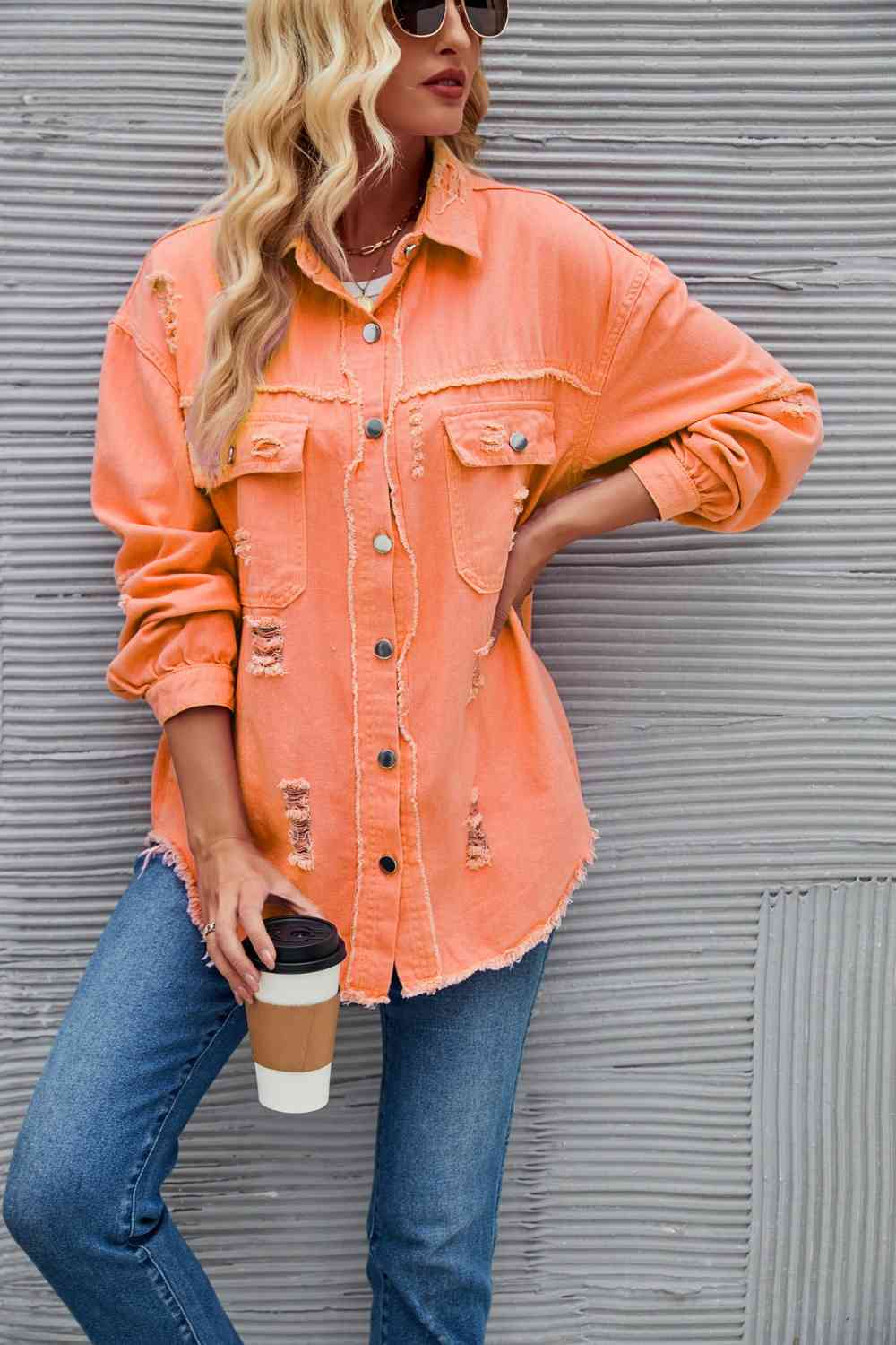 Distressed Raw Hem Denim Jacket - KAISERINC
