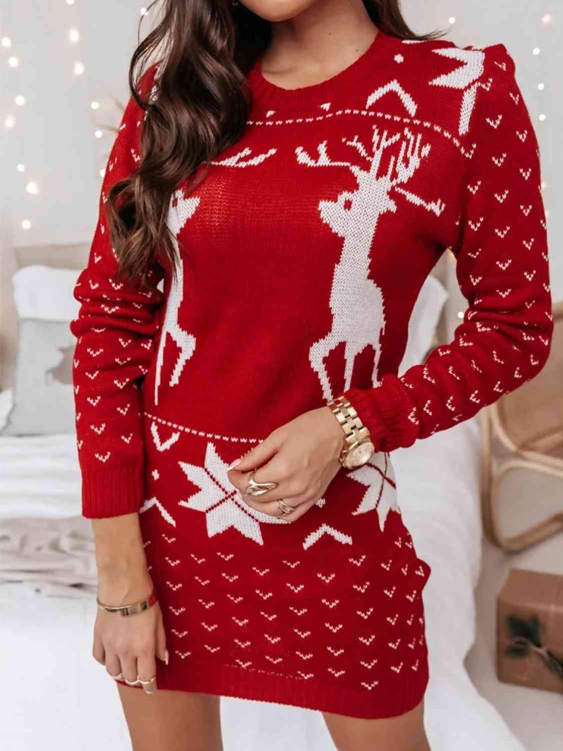 Reindeer Print Tunic Sweater Dress - KAISERINC