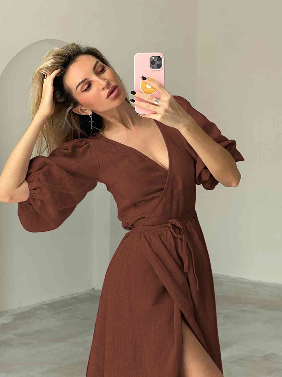 Surplice Balloon Sleeves Tied Dress - KAISERINC