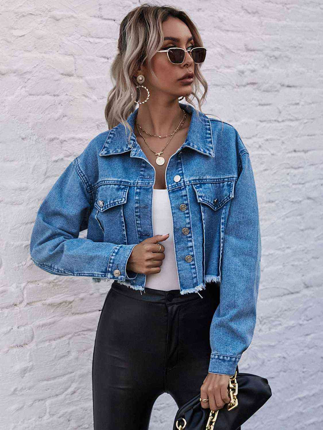 Raw Hem Collared Neck Denim Jacket - KAISERINC