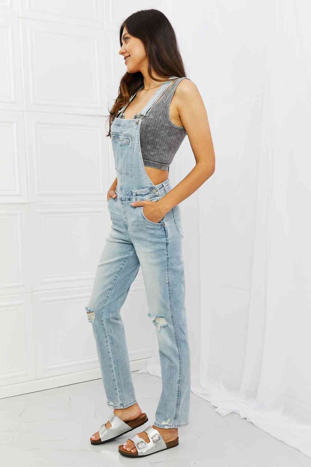 Judy Blue Melina Full Size Distressed Straight Leg Overalls - KAISERINC
