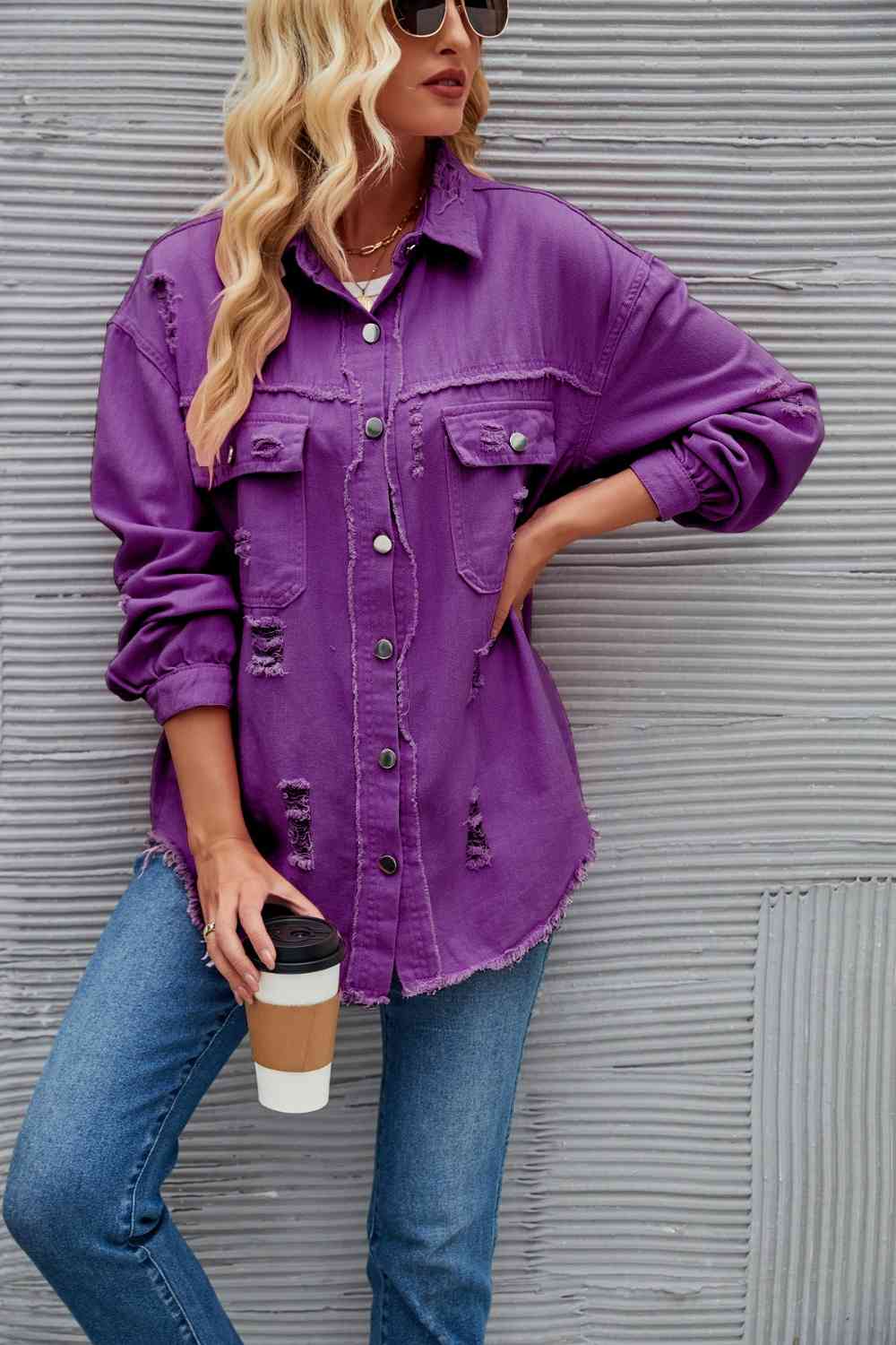 Distressed Raw Hem Denim Jacket - KAISERINC