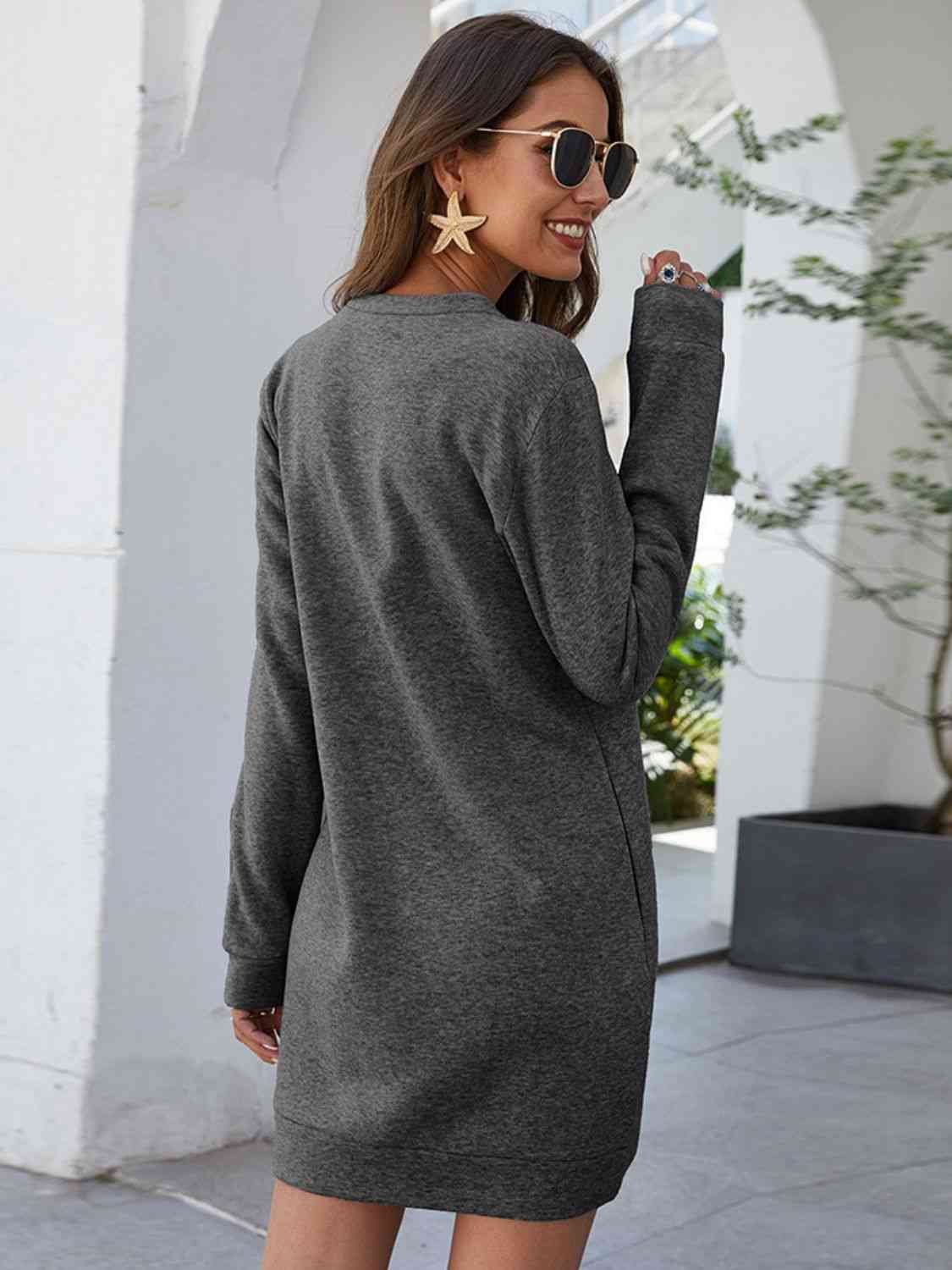 Round Neck Long Sleeve Mini Dress with Pockets - KAISERINC
