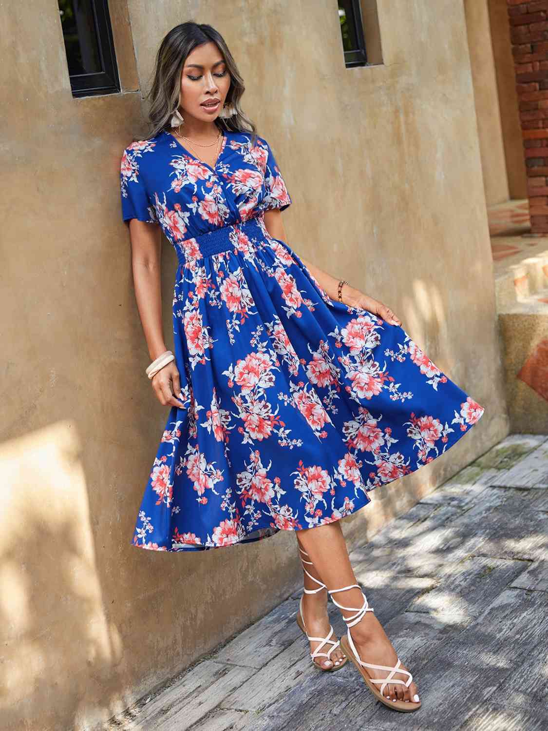 Elastic Waist V Neck Floral Print Midi Dress - KAISERINC