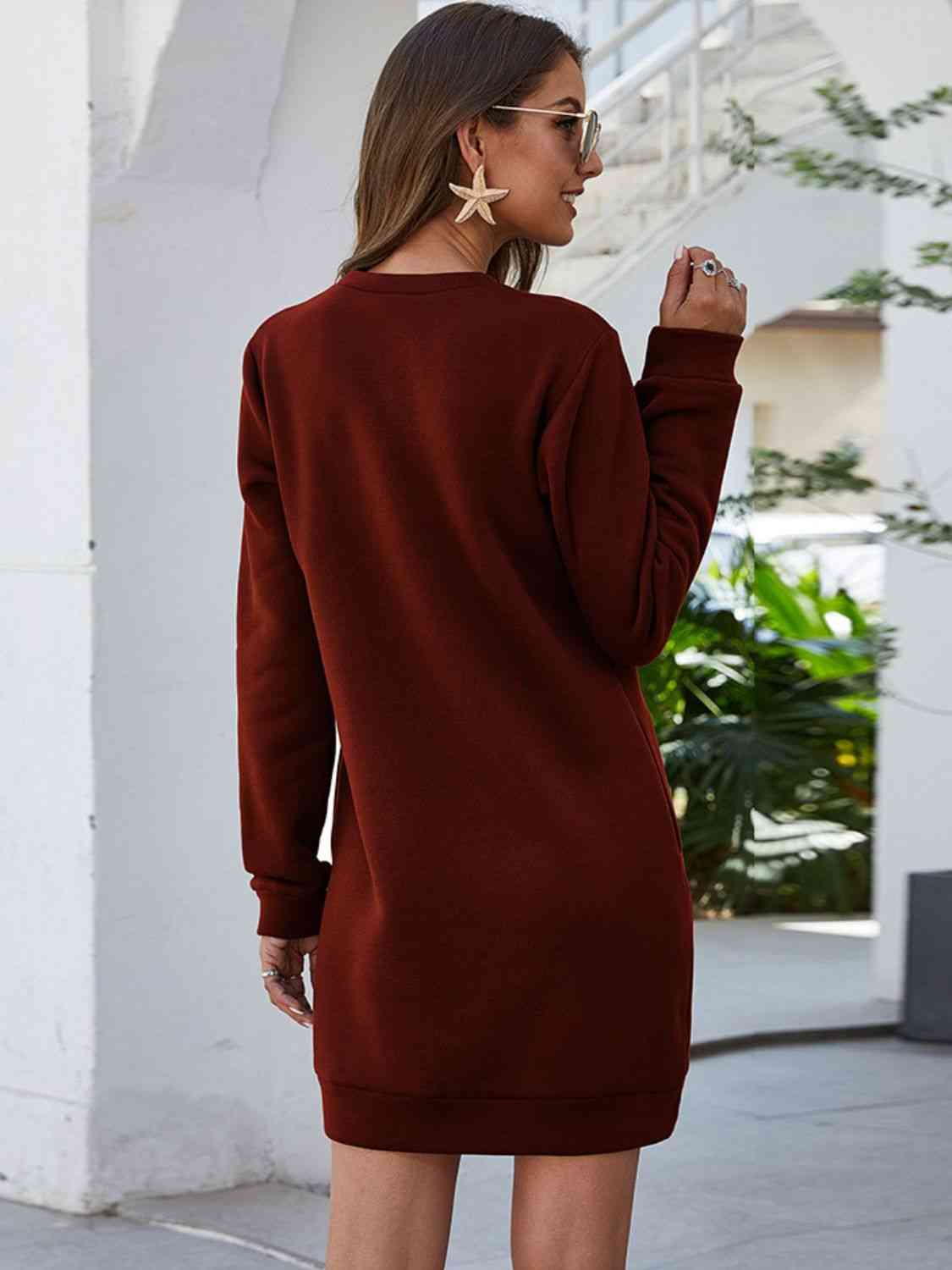 Round Neck Long Sleeve Mini Dress with Pockets - KAISERINC