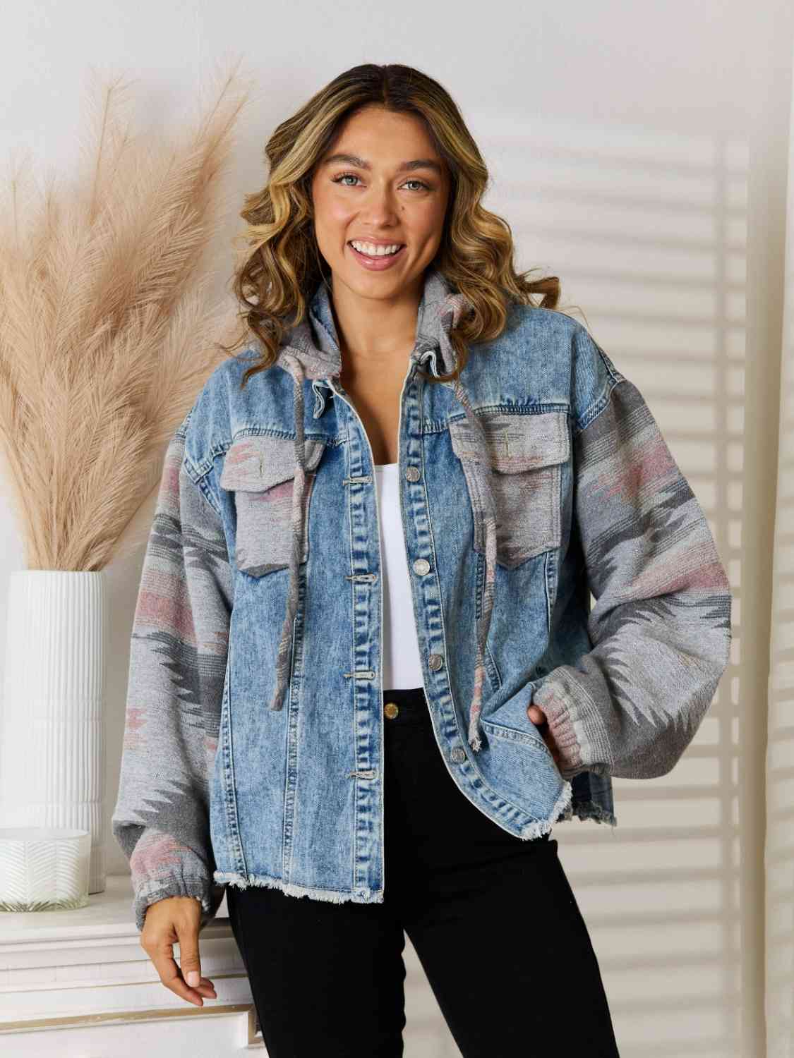 Geometric Raw Hem Denim Jacket - KAISERINC