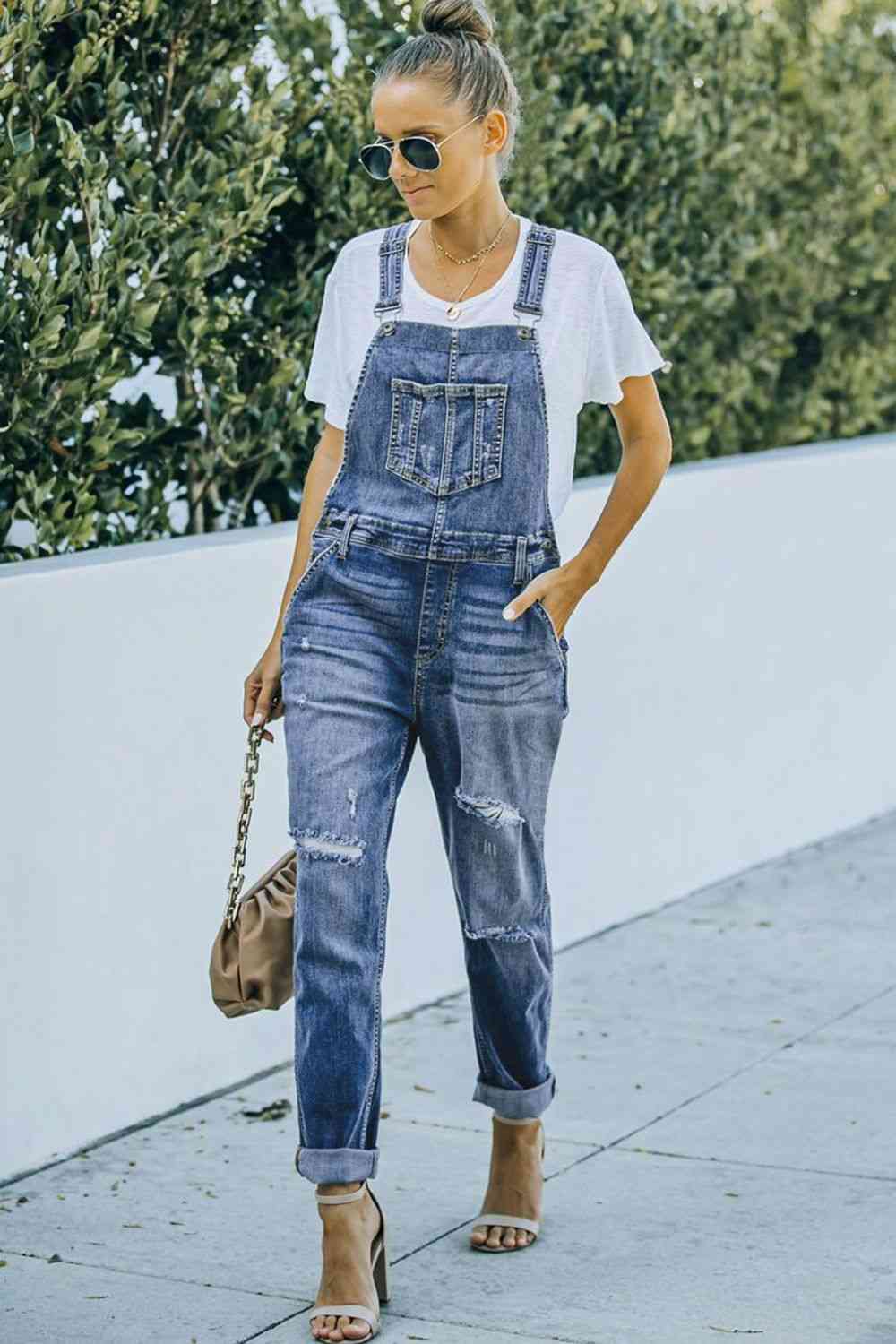 Pocketed Distressed Denim Overalls - KAISERINC