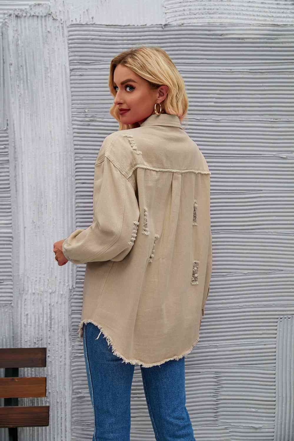 Distressed Raw Hem Denim Jacket - KAISERINC