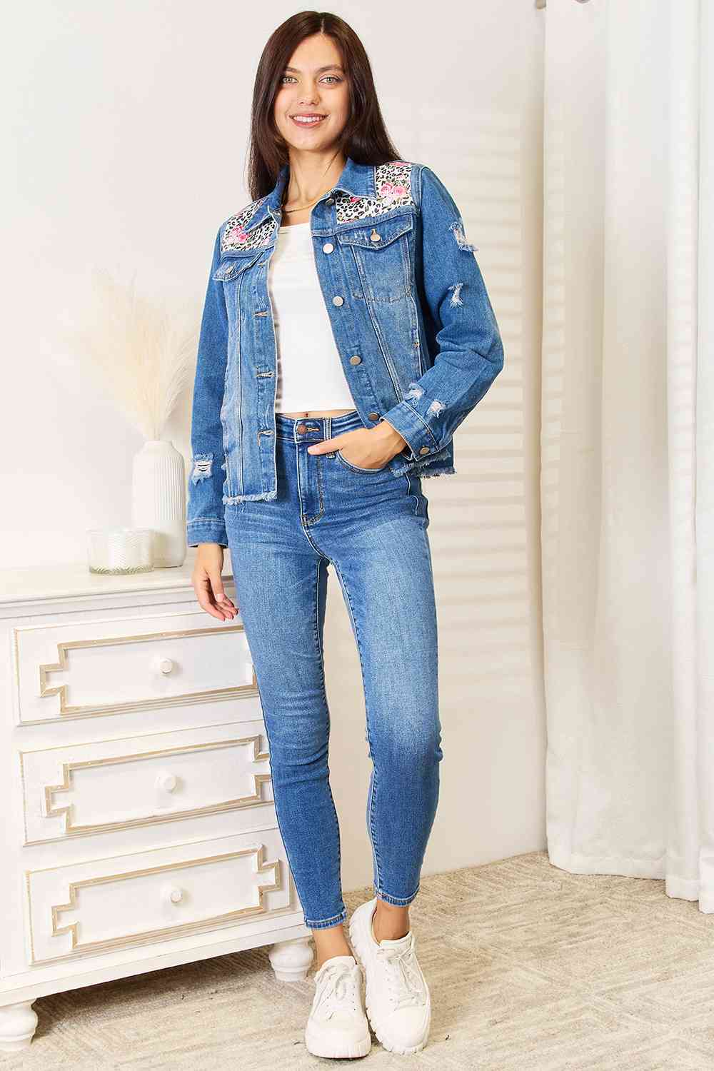 Baeful Leopard Floral Distressed Raw Hem Denim Jacket - KAISERINC