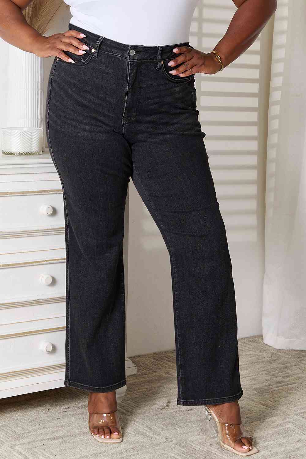 Judy Blue Tummy Control Washed Black Straight - KAISERINC