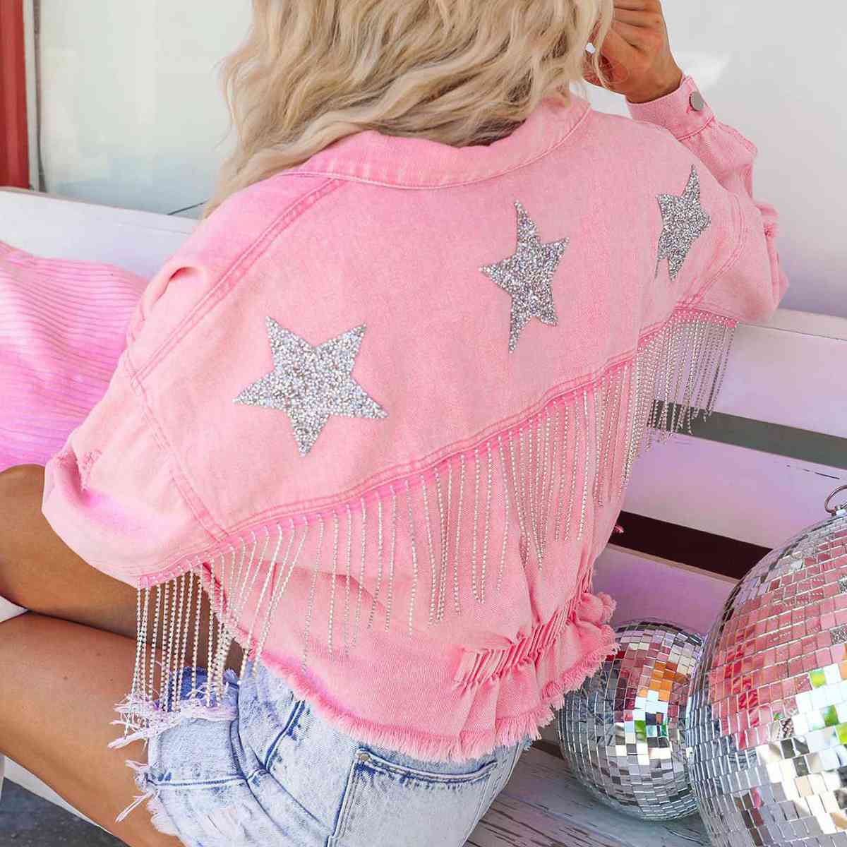 Star Raw Hem Fringe Detail Denim Jacket - KAISERINC