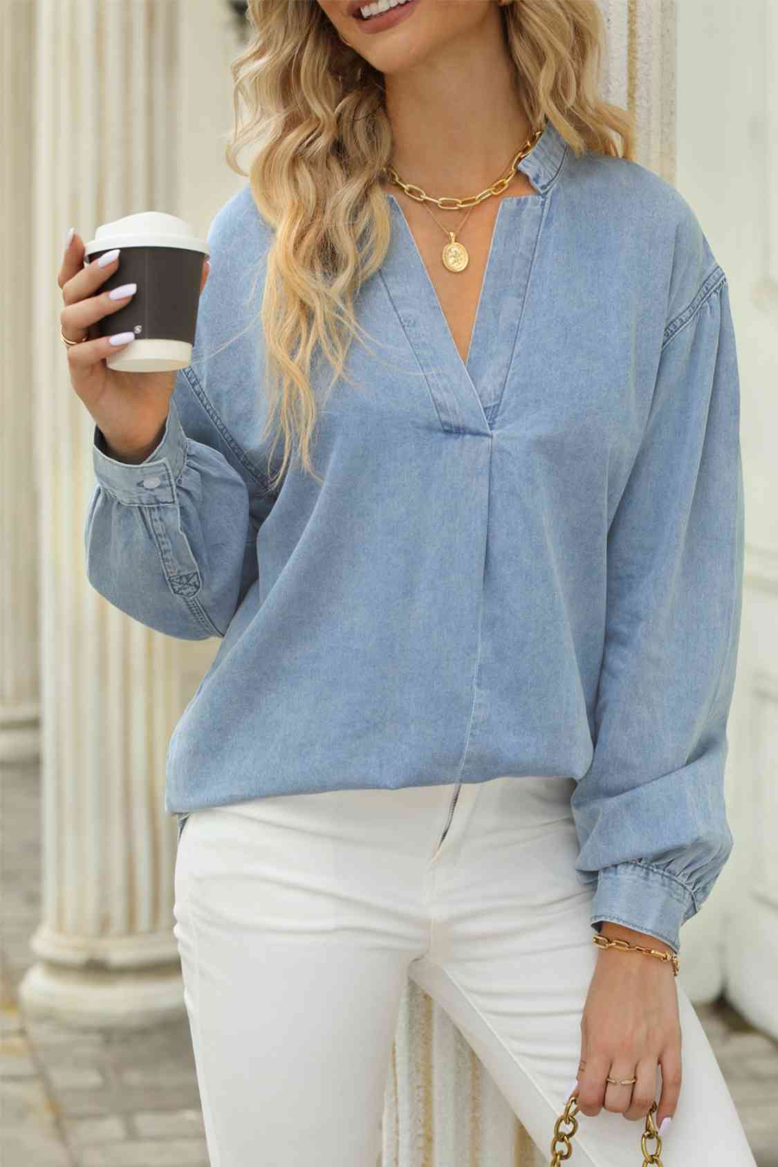 Notched Neck Denim Top - KAISERINC