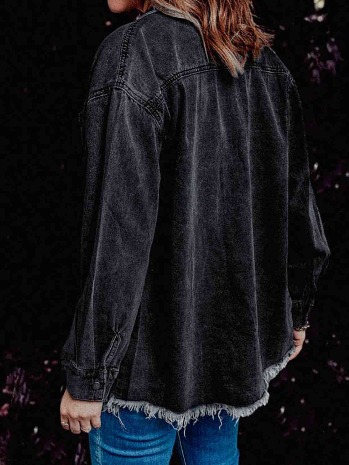 Frayed Hem Collared Denim Jacket - KAISERINC