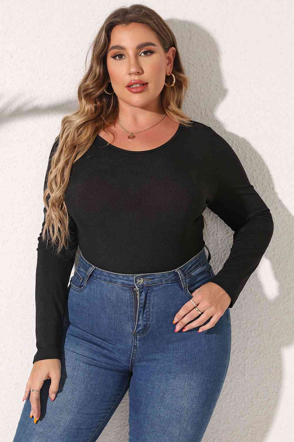 Plus Size Round Neck Long Sleeve Bodysuit - KAISERINC