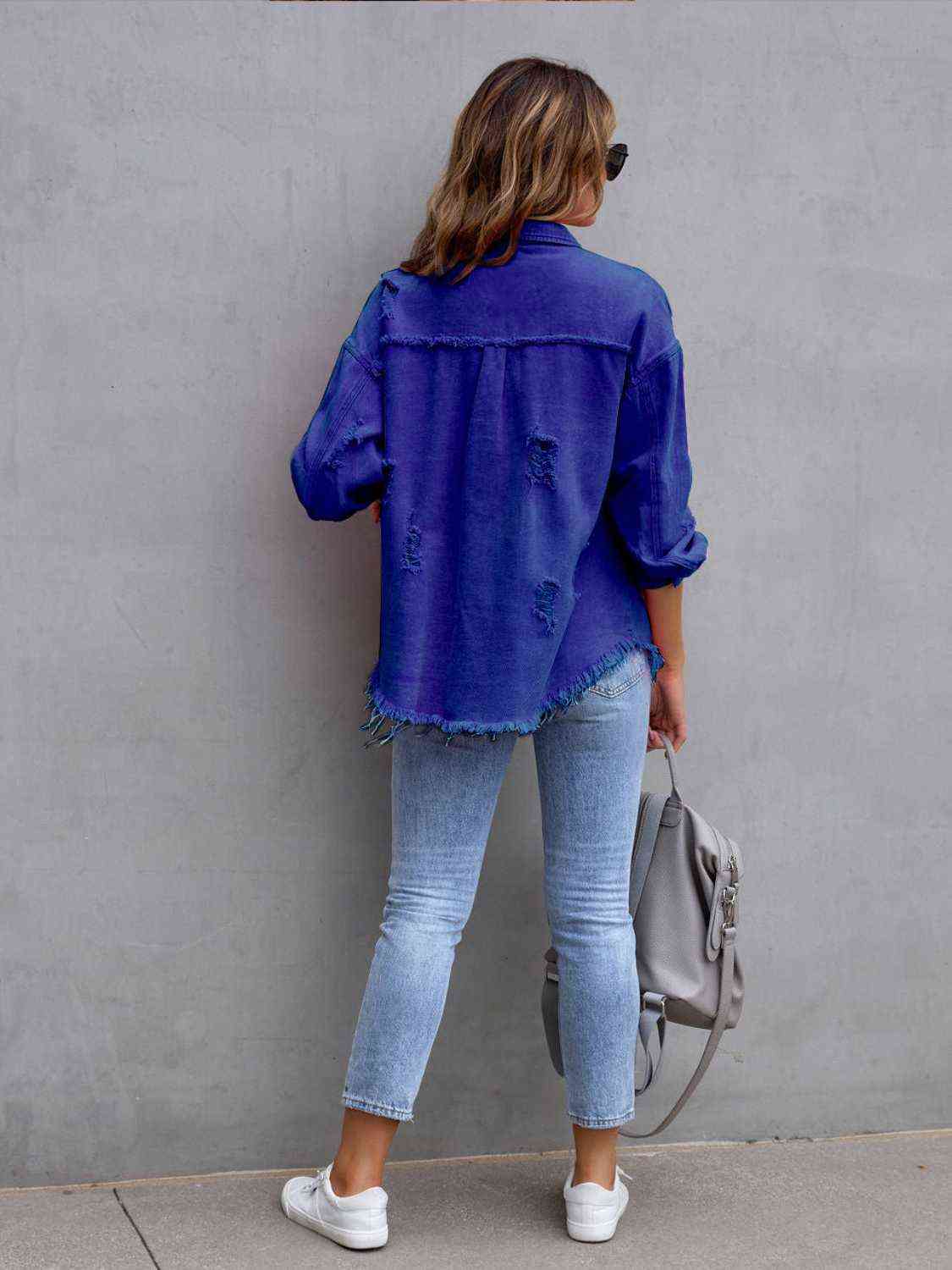 Distressed Drop Shoulder Denim Jacket - KAISERINC