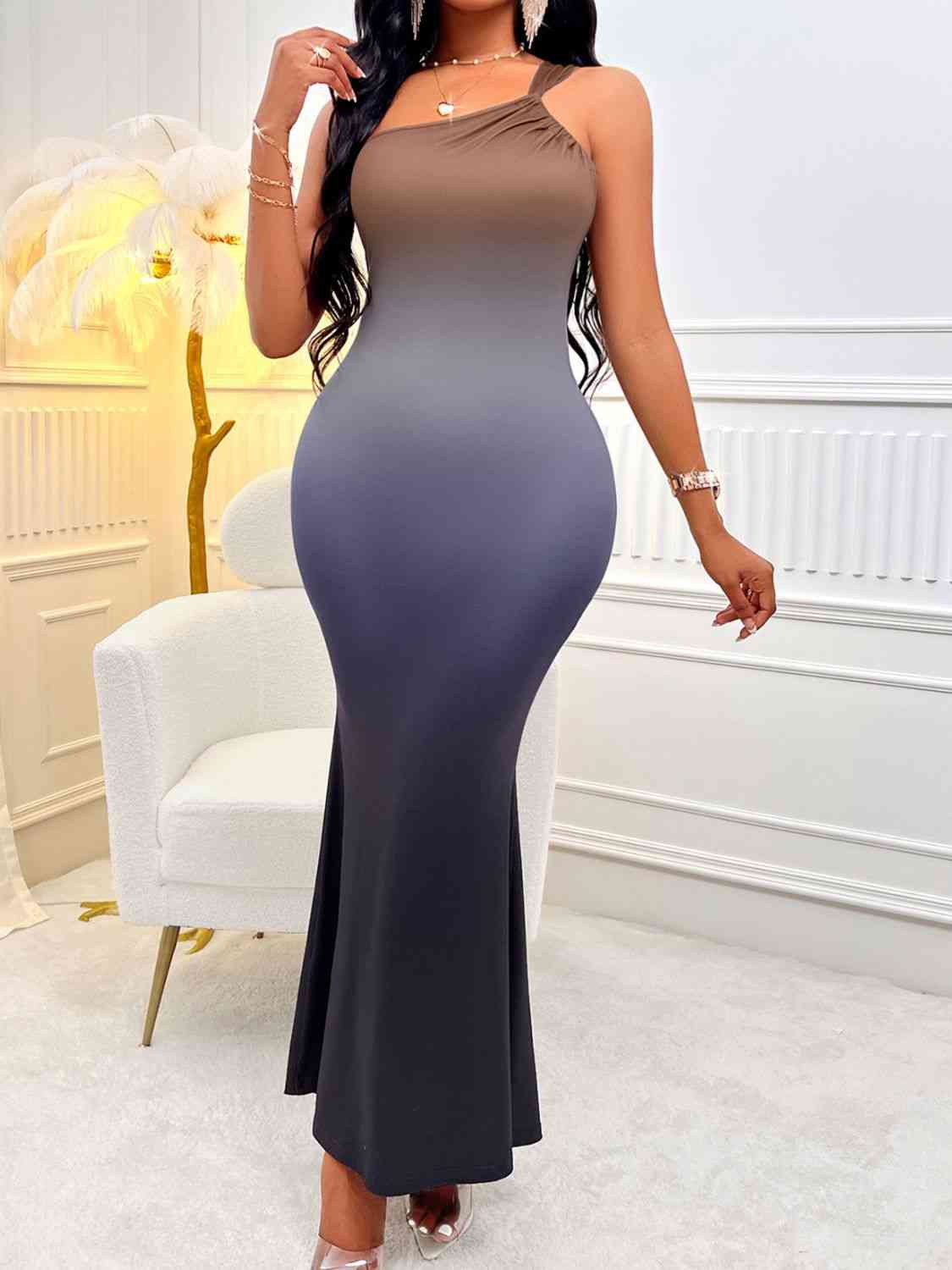 Gradient Single Shoulder Sleeveless Midi Dress - KAISERINC