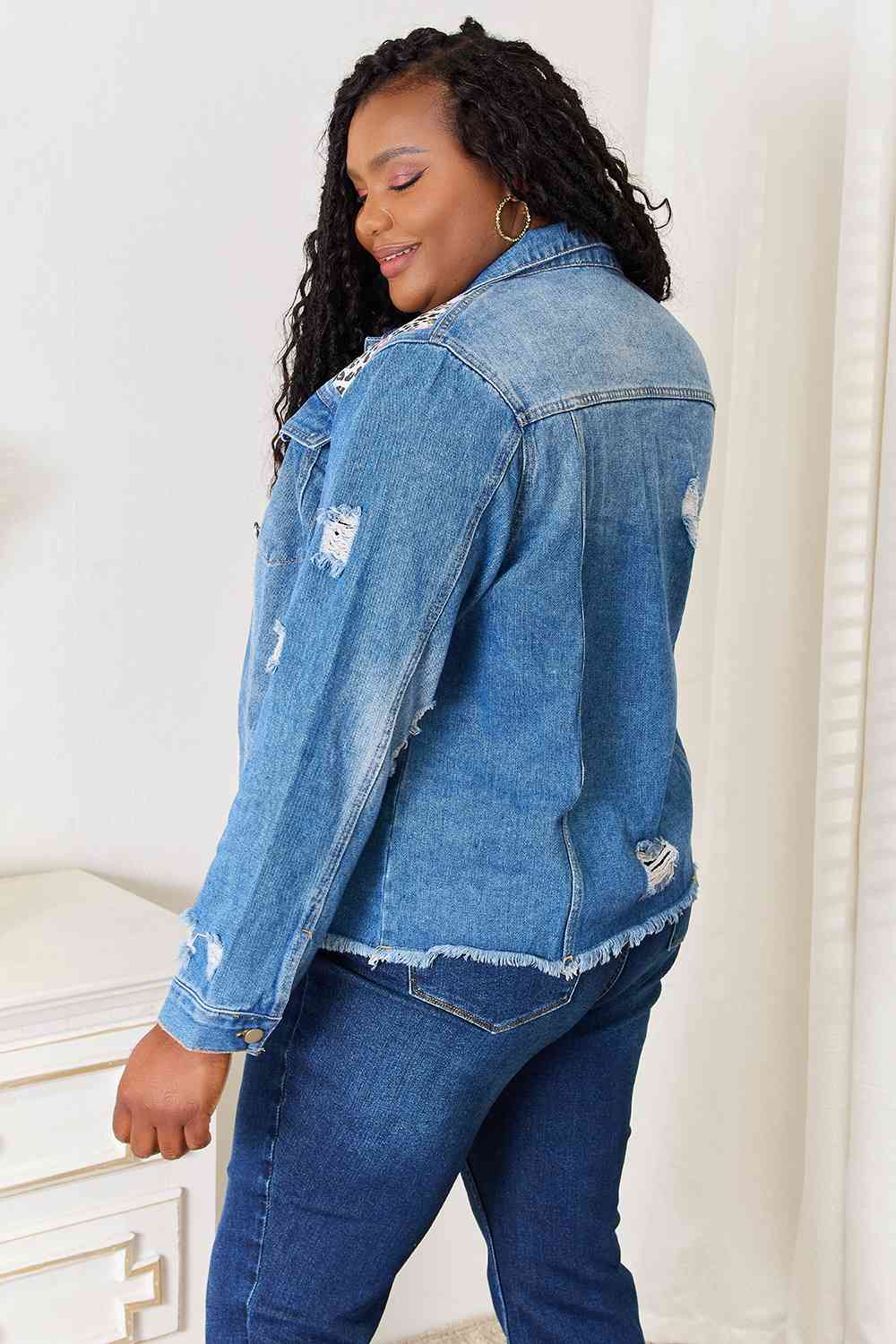 Baeful Leopard Floral Distressed Raw Hem Denim Jacket - KAISERINC