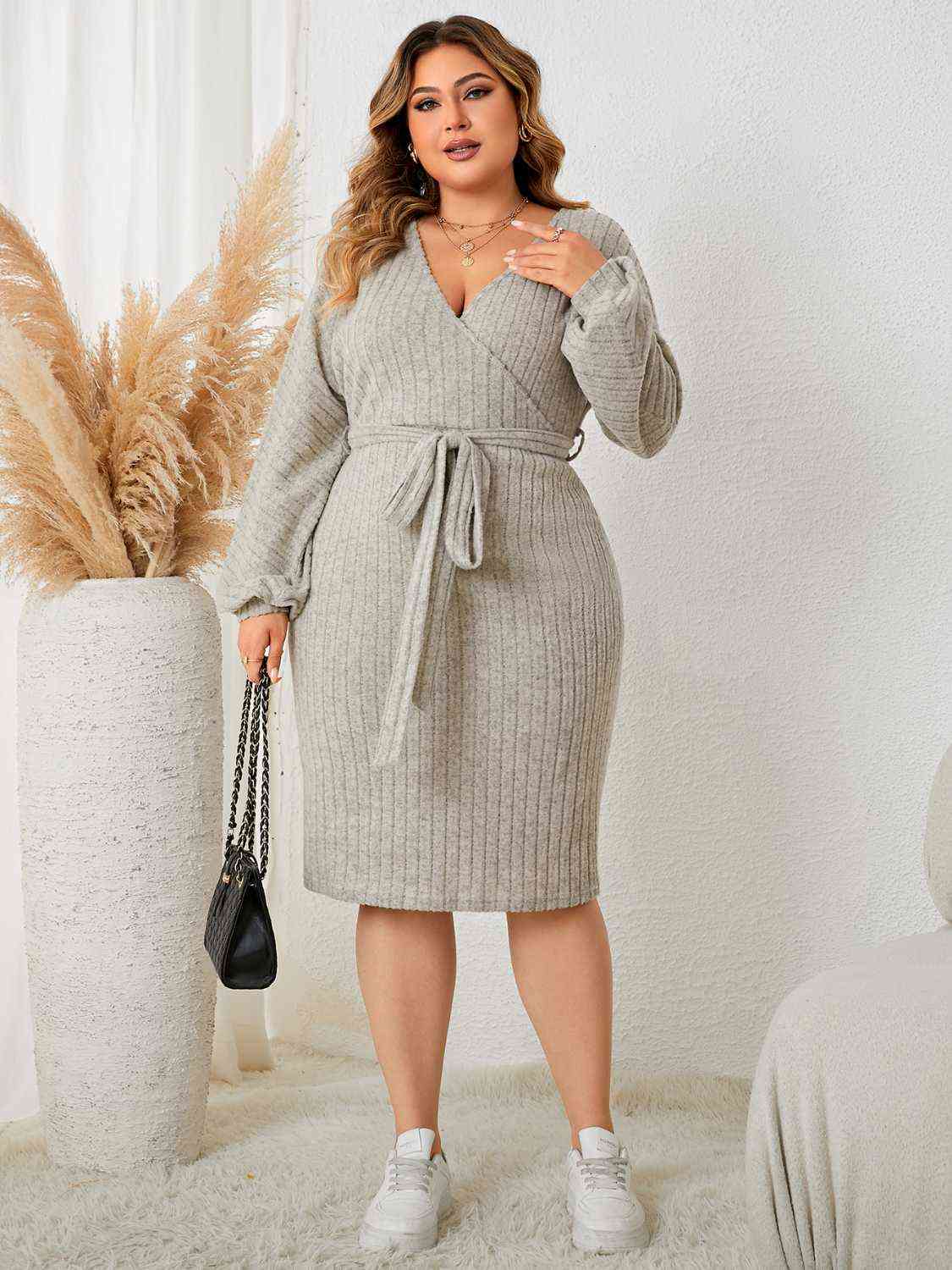 Plus Size Tie Waist Wrap Dress - KAISERINC